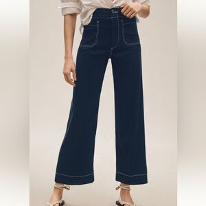 Anthropologie Colette Crop Wide-Leg Linen Pants Maeve Contrast Stitch 26 NWT